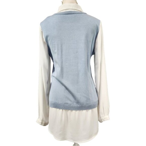 Adrianna Papell Twofer Sweater Shirt Women's M Light Blue White Collared - Picture 2 of 8